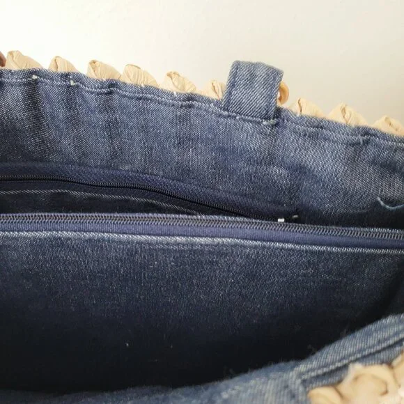 Vintage Raffia Woven Handbag Denim Lining Bamboo Handles - Picture 10 of 10